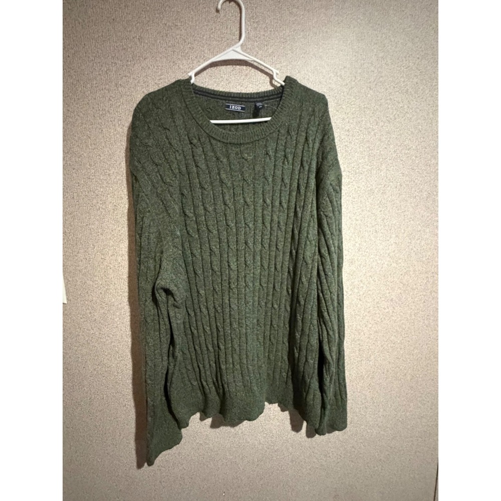 IZOD Mens XXL Cable Knit Crewneck Sweater Olive Green Heather Long Sleeve Cotton